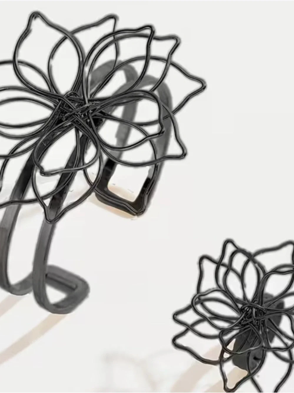 Sterling Silver, Black, and Gold Floral Wire Open Cuff Bracelets  -with ring set